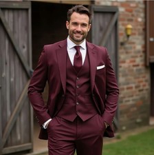 Burgund Anzüge Hochzeit Herren Modisch Freizeit Dinner (Mantel + Weste+Hose)