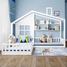 Hausbett Kinderbett 90x200cm + 70x140cm mit Sicherheitsgitter Massivholz Weiß