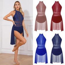 DE Damen Tanz-Performance-Kostüm Mesh Trikot Party Lyrisches Kleid Eiskunstlauf