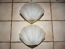 1 Paar vintage Muschel Wandlampen aus Glas und Messing im Stil Art Deco Iceglas