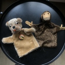 2x Vintage Handpuppen – Steiff Mopsy mit Etikett & Affe – stark bespielt