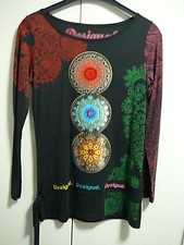 W Desigual T-Shit Tunik Gr XS/S/ schwarz Mandalas bunt Nieten Ornamente  Gürtel