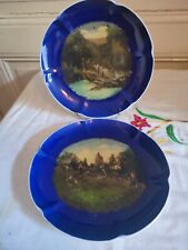 Sarreguemines 2 Bemalte Teller Damen Auf Brücke Und Schlittenfahrt