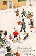 AK   -1929- Geburtstag - Frauen, Männer, Kind, Hund, Roller. Fahrrad + Zylinder