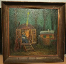 Antik alt Öl/  Platte (Hartfaser,) Expressionist, Romantik,Zigeuner Weihnachten,