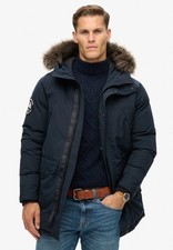 Superdry Parka Jacke Kapuze Wattiert Wintermantel Kunstfell Kapuze Everest Blau Navy