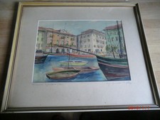 Original Aquarell Gardasee Malcesine  ca 1950 Hafenszene  Boote / signiert