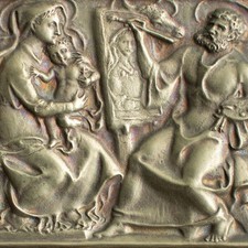 Apostel Lukas malt Madonna Bronzerelief Martin Feuerstein Widmung signiert 1916