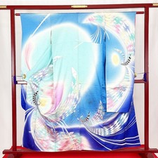 Japanischer Kimono 'FURISODE' Seide/Blau/Rosa/Vogel/Traditionell/Länge:159 cm...