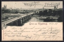 Magdeburg, Ortsansicht von der Elbbrücke aus, Ansichtskarte 1898 