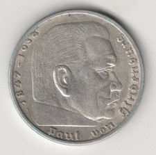 5 Reichs -Mark  Deutsches Reich, Paul v.Hindenburg  Silber 1938 A