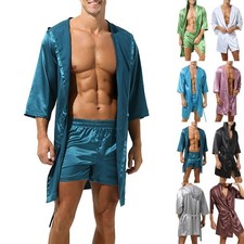 Herren Satin Seide Pyjama Kimono Bademantel Morgenmantel Nachtwäsche Loungewear