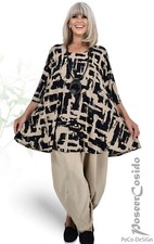 LAGENLOOK Tunika Glocken-Long-Shirt sand schwarz 42 44 46 48 50 52 54 56 58