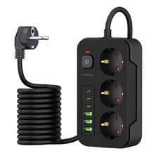 Steckdosenleiste 3-Fach 6 USB Mehrfachsteckdose mit Flachstecker und Schalter