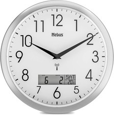 Mebus Funk-Wanduhr, 29 cm, lautlos, LCD-Anzeige für Datum und Temperatur, weiß, 