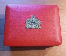 Eduscho Kaffee Blechdose Bremen mit rotem Kunstlederbezug, mit Logo, 60er Jahre