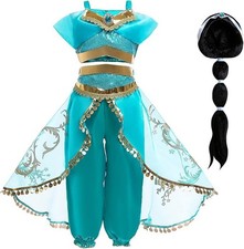 Emin Mädchen Jasmin Kostüm Grün 130 – Prinzessin Kleid + Perücke