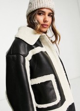 Urbancode Piloten Jacke Teddy Fell PU Leder Pilotenjacke M 38 Schwarz Creme Weiß