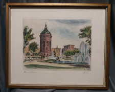 Stahlstich Mannheim Wasserturm