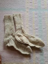Socken 39-41 Wolle Schurwolle Vintage Beige Crem Weiß Handarbeit Selbstgestrickt