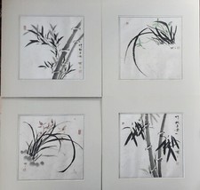 4 Tuschezeichnungen Bambus Gräser Sumi-e Japan Reispapier Grasfaser Zen Malerei