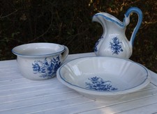 Delfter Vintage Waschset: Schüssel, Krug, Nachttopf aus Keramik in Blau-Weiß