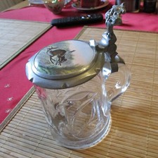 alter Bierkrug Glas Zinndeckel
