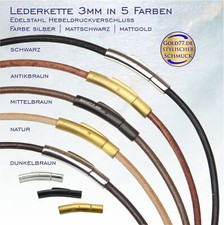 Lederkette glatt 3mm Hebeldruckverschluß Edelstahl in 3 Verschlußfarben 18-70cm 