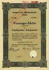 Kirchner & Co. AG 1930 Leipzig Sachsen Vorzugsaktie 500 RM Holzmaschinen Amerika