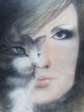 GEMALT GEZEICHNET 2 BILDER  MOTIVE **FRAU u. KATZE** AUF LEINWAND