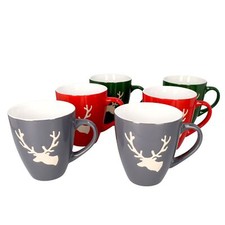 6er Set Kaffeebecher Hirsch konisch 400 ml 2x Rot, Grün, Grau Glühwein Tasse 