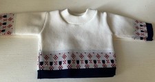 Puppe Pullover weiß/bl./rot 70er Strick Langarm f. Kruse Schildkröt u. a. Retro