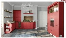 Landhaus Musterküche mit Bauknechtgeräten Abverkaufsküche Kaminrot Havanna