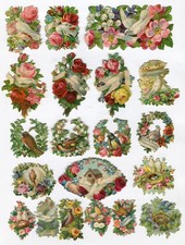 Glanzbild Oblaten scraps 20 Tauben Vögel Blumen Konvolut  2,5 -9 cm
