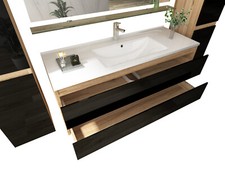 Badmöbel set Hochglanz 6 Tlg Schwarz /Eiche Soft Close Badezimmer Möbel Bad 120