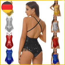 Damen Pailletten Fransen Latin Jazz Tanz Leotard Kleid Backless Ballsaal Kostüm