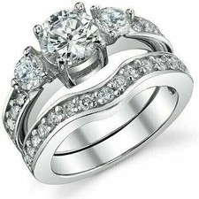 Damen 14K Weißgold Über Diamant 3-Steine Hochzeits- Und Verlobungsring Set