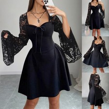 Damen Elegant Spitze Minikleid Gothic Partykleid Langarm Festkleid A-Linie-Kleid