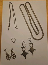 Schmuckset Ohrringe Ketten Ring Silberfarben Retro