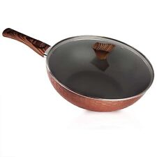Wok Pfanne Ø32cm abnehmbarer Holzoptik-Griff Deckel Antihaftbeschichtung Aluguss