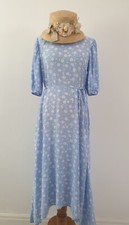 Vintage 20er 30er Jahre Stil blau weiß Gänseblümchen Blumen Maxi Taschensaum Kleid UK Größe 10 