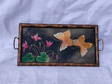 Altes kleines Tablett Hinterglasmalerei Schmetterling Blumen Dekorativ Vintage 