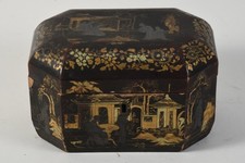 P45R32- China Holz Lack Teebox mit 2 Zinn Einsätzen Tempelszene