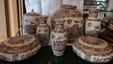 7 Porzellan Vasen, China, floral mit Kranichen,  verschiedene Größen