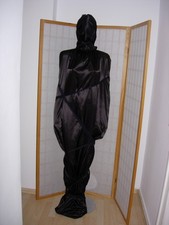 Nylon SATIN Negligee Humpelkleid Kopfhaube Fäustlinge Set SCHWARZ XL-XXL