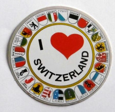 Souvenir-Aufkleber I love Switzerland Schweiz Kantonswappen Städte 80er Oldtimer