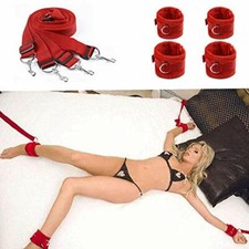 Bett Fesseln BDSM Bondage Set mit Seile Handschellen Fußfesseln Fesselset - rot
