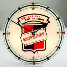 Werbe Wand.- Tisch Uhr Rotbart Rasierklingen 230V beleuchtet Vintage 50er Barber