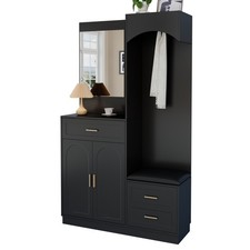 Flurgarderobe Schuhschrank Wandpaneel mit Lamellen Sitzbank & Spiegel Schuhbank