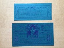 RAFFINGS: 10 und 50 Heller, Papier hellblau und blau, Druck blau und violett